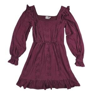 ASOS Burgundy Cotton‎ Eyelet Ruffle Mini Dress Square Neck Long Sleeve Plum US 6